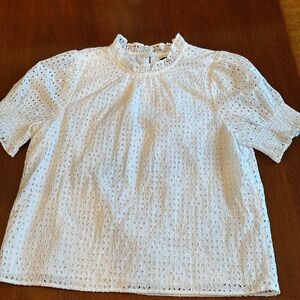 J. Crew White Eyelet Ruffle Neck Short Sleeve Blouse